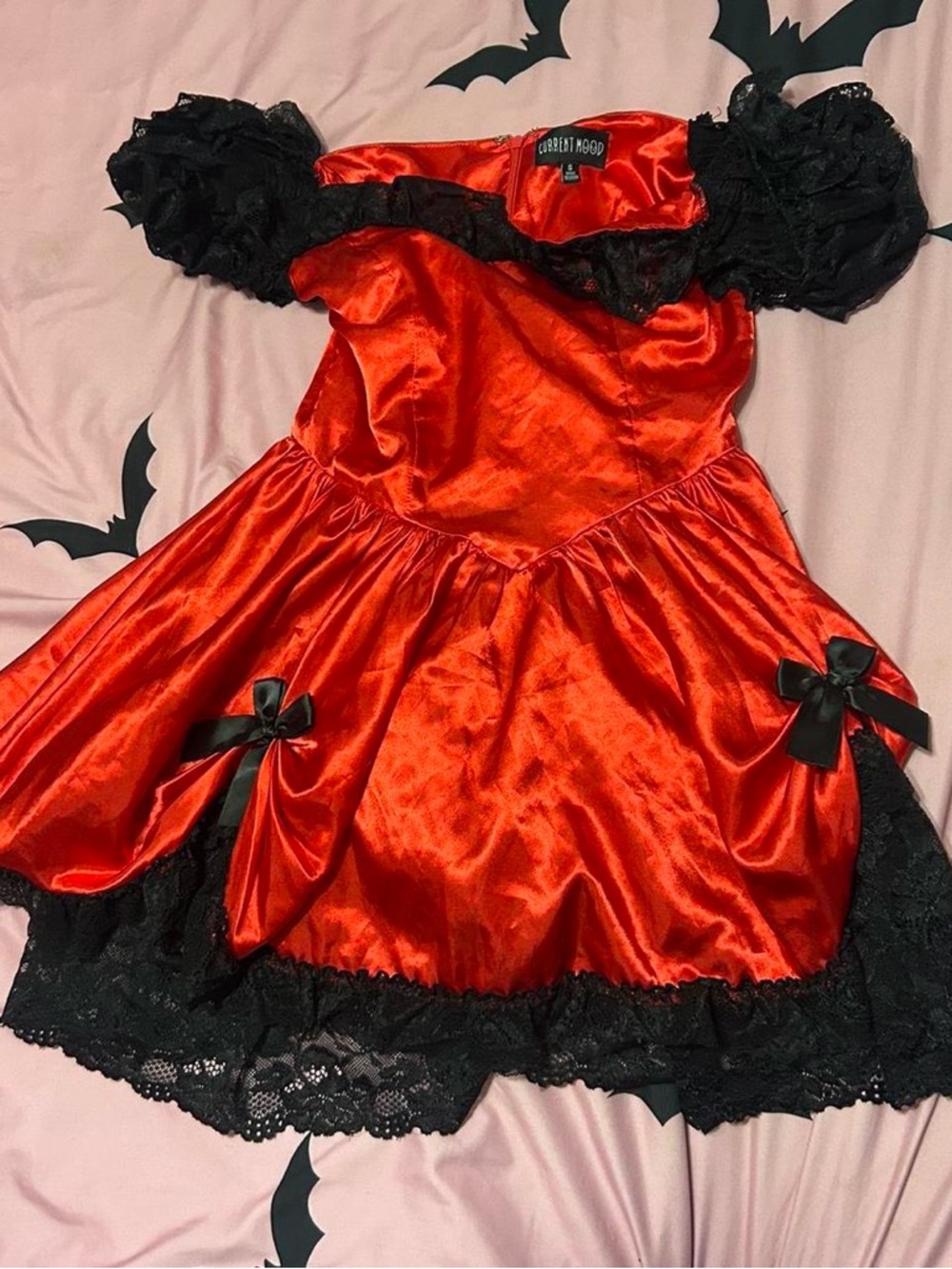 Current Mood Red and Black Satin Mini Dress with Lace Trim